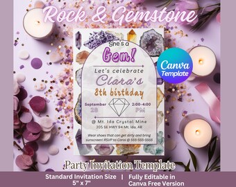 Rock and Gem Birthday Invitation| Crystal Birthday Digital Invitation | Gemstone Party Canva Editable Template | Fully Customizable