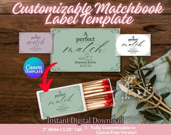 Scarica etichetta Perfect Match / Etichette per bomboniere di fiammiferi per matrimonio completamente personalizzabili / Modello modificabile Canva
