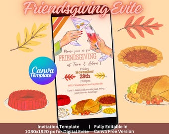 Friendsgiving Invitation Retro Evite Flyer Template Downloadable Invitation Friendsgiving Retro Thanksgiving Party Invitation Canva