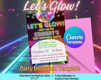 Glow in the Dark Party Evite Digital Invitation | Glow Party Birthday Invitation | Canva Editable Template | Fully Customizable