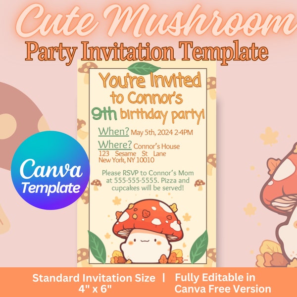 Cute Mushroom Birthday Invite | Forest Birthday Invitation | Canva Editable Template | Mushroom Birthday Invitation  | Fully Customizable