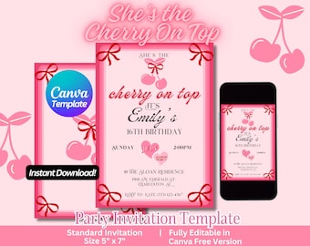 Lei è la ciliegia in cima Invito di compleanno / Invito di compleanno a tema ciliegia / Modello modificabile Canva / Compleanno ciliegia