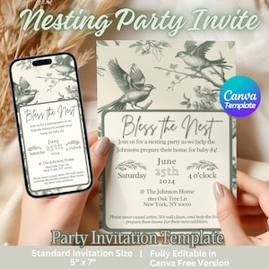 May include: A printable nesting party invitation template with a green and white color scheme. The invitation features a bird illustration and the text "Bless the Nest". The invitation is 5 inches by 7 inches and is fully editable in Canva's free version.