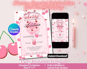 Cherry Special Celebration First Birthday Invite | Cherry Themed Little Girl Birthday Invitation | Canva Editable Template | Cherry Birthday