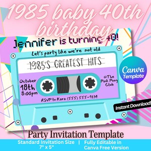 Può includere: Un modello di invito per feste rosa e blu con un design a cassetta. Il testo recita "1985 baby 40th birthday Jennifer is turning 40! Let's party like we're not old 1985's Greatest Hits October 18th 8:00pm RSVP to Kara (555) 555-1234 @The Pink Pony Club Canva Template Instant Download! Party Invitation Template Standard Invitation Size | Fully Editable in Canva Free Version 7" x 5" "