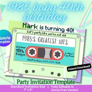 以下が含まれることがあります： 「1985 baby 40th birthday」と「Mark is turning 40! Let's party like we're not old」というテキストが書かれた、レトロなカセットテープのデザインが施された、印刷可能なパーティー招待状テンプレートです。この招待状は、10月18日午後8時にMax's Tap Roomで開催される40歳の誕生日パーティー用です。カセットテープには「1985's Greatest Hits」というテキストが書かれています。招待状のサイズは17.8 cm x 12.7 cmで、Canvaの無料版で完全に編集できます。