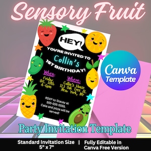 Dancing Fruit Birthday Invitation | Hi Bear Birthday Invitation | Bear Sensory Canva Editable Template | Fully Customizable
