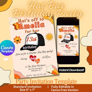 Druckbare Einladung zur Party im Trucker Hut | Anpassbare Trucker Hut Party Digitale Vorlage | Mädchen Hut Bar-Geburtstags-Party Einladung