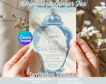 Invitación a la despedida de soltera de Chinoiserie del jardín francés / Invitación a la despedida de soltera en tarro de jengibre / Plantilla editable de Canva / Totalmente personalizable