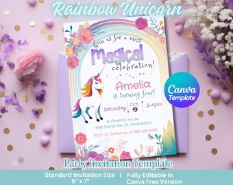 Invitación de pony de unicornio arcoíris, Invitación digital de cumpleaños de unicornio de niña bonita, Plantilla editable de Canva, Totalmente personalizable