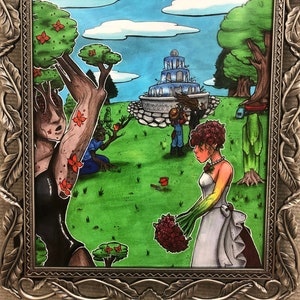 May include: A watercolor painting of a bride in a white dress holding a bouquet of red flowers. The bride is standing in a park with a fountain in the background. There are trees and other people in the background.