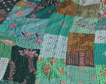 Beautiful Green Patchwork Embroidered Kantha Quilt