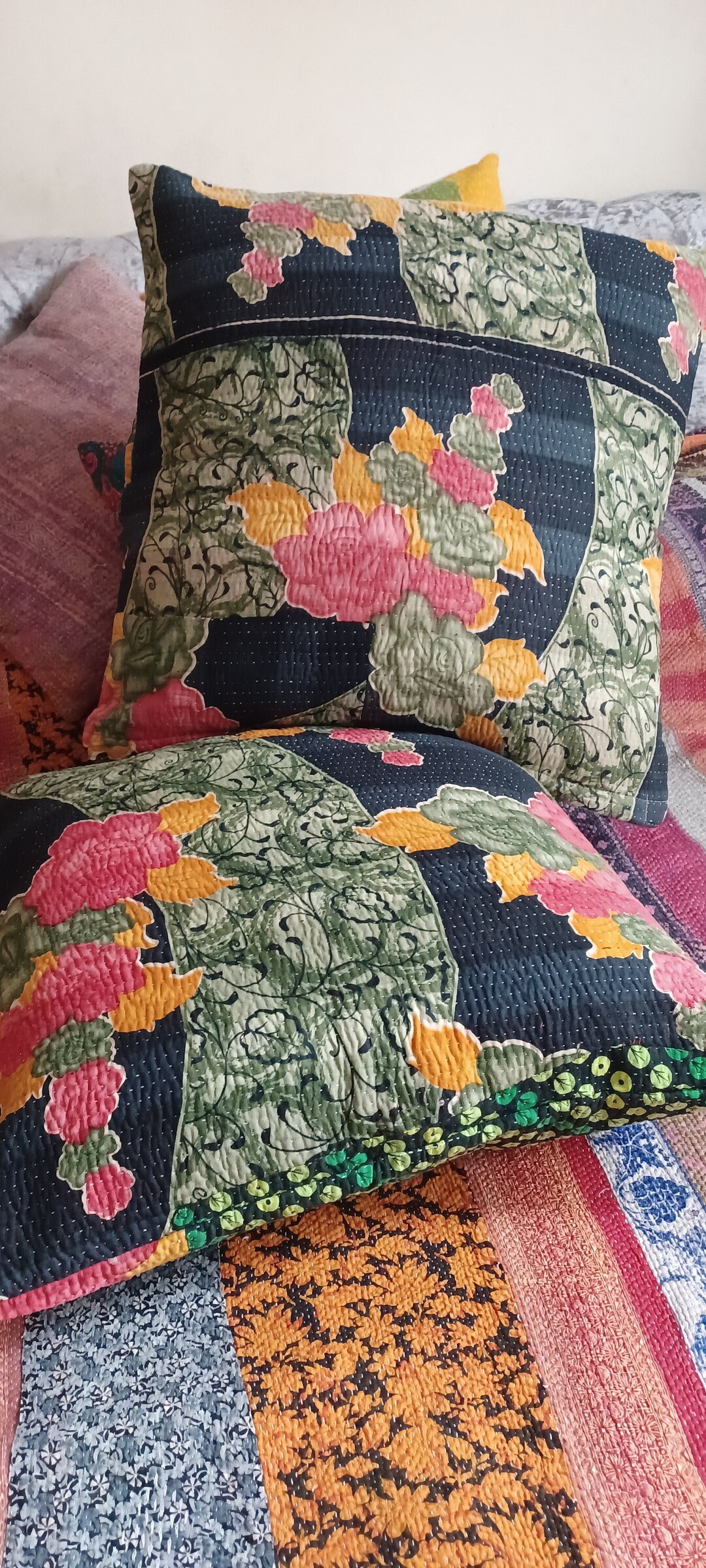 Vintage Kantha Quilt Pillow Cover Etsy