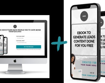Op de afbeelding: Een desktopcomputermonitor met een landingspagina met de tekst 9 SECRET TAX DEDUCTIONS RICH PEOPLE USE TO SAVE MORE THAN $10,000! naast twee smartphones die een e-bookcover tonen met de titel EBOOK TO GENERATE LEADS CONTENT DONE FOR YOU FREE.