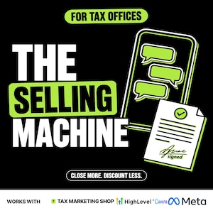 May include: A black graphic featuring the text FOR TAX OFFICES, THE SELLING MACHINE, and CLOSE MORE. DISCOUNT LESS. It includes a lime green smartphone icon with chat bubbles and a white document with a checkmark and the word signed.