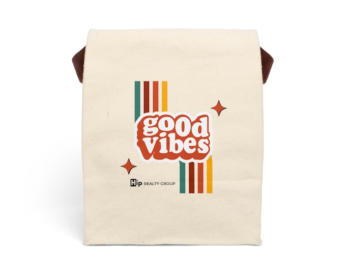 Eco Canvas Lunch Bag, Good Vibes Tote, Reusable Lunch Sack, Sustainable Food Storage, Environmentally Friendly Lunch Tote