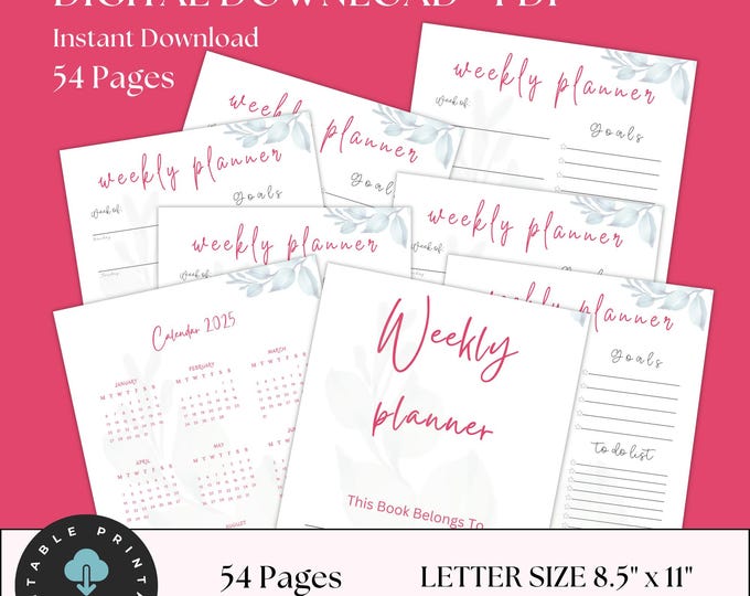 Weekly Planner Printable | 54-Page Undated Weekly Planner PDF | Digital Download Weekly Planning Sheets | Goal Setting & Organization Tool