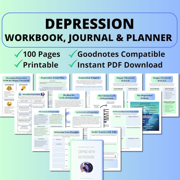 Depressions-Arbeitsbuch, Depressions-Journal, Depressions-Arbeitsblätter, CBT, DBT-Bewältigungsfähigkeiten, Therapie-Arbeitsblätter, Therapeuten-Werkzeuge