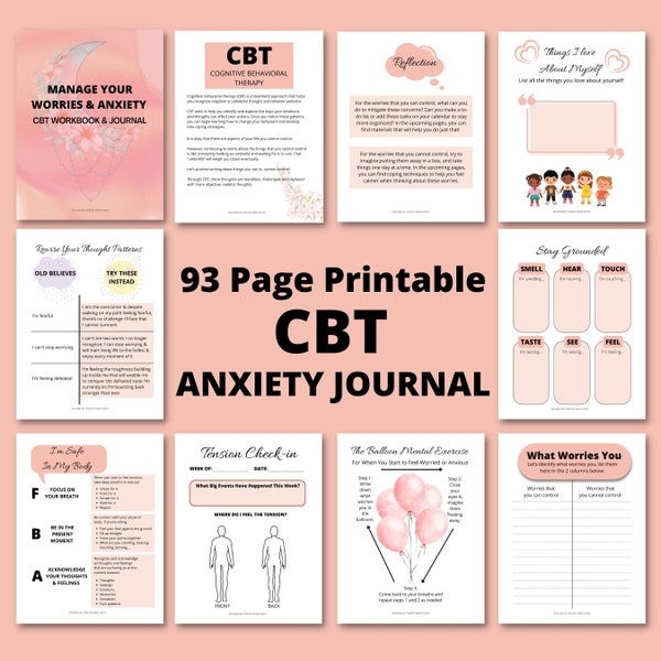 CBT Anxiety Journal Printable, Manage Worries Workbook, Anxiety Workbook, CBT Worksheet, Cognitive Behavioral Therapy, Self Care Journal