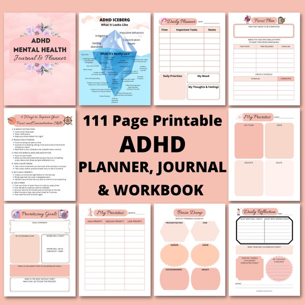 ADHD Planner Printable, ADHD Workbook and Journal, CBT Anxiety Worksheets, Anger Management, Mental Health Workbook, Self Care Journal