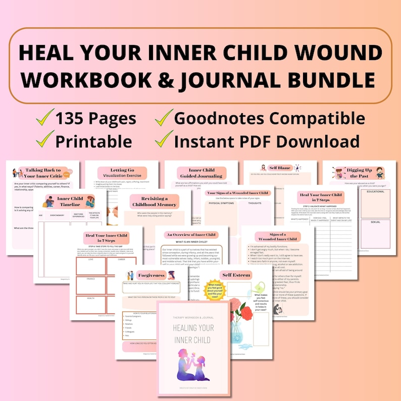 Heal Your Inner Child Workbook Journal BUNDLE, Reparenting Inner Child, Healing Inner Child Wounds Journal, Trauma Therapy Worksheets image 1