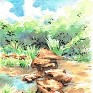 Peut inclure: Peinture à l'aquarelle d'un ruisseau qui coule à travers un paysage rocheux. Le ruisseau est entouré d'arbres et de buissons verts. Les rochers sont bruns et ont une texture rugueuse. Le ciel est bleu et nuageux.