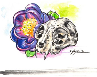 Cat Skull & Flower - Original Watercolor Painting