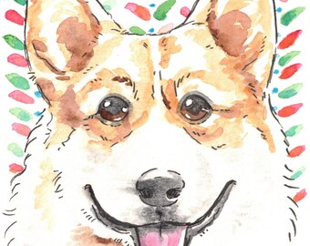 Op de afbeelding: Waterverf schilderij van een corgi hond met bruin en wit haar. De hond glimlacht met zijn tong naar buiten. De achtergrond is een kleurrijk patroon van groen, roze en blauw.