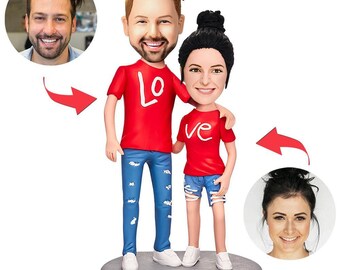 Love Couple Wearing Couple Shirts Custom Bobbleheads With Engraved Text