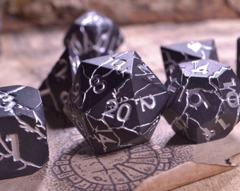 Black & Silver | Black Cracked Metal Dice | DnD Dice Set | Dungeons and Dragons Dice