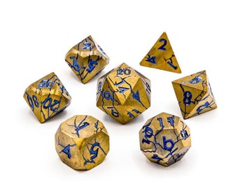 Metal DND Dice | Plated Prisoner | Gold Cracked Metal D&D Dice Set | Gold and Blue | Dungeons and Dragons