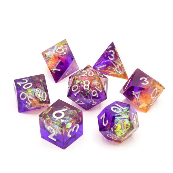 Fae Fire Pink, Purple, Orange Sharp Edge Resin D&D Dice Set With Silver Numbering - For Dungeons and Dragons - Gift Set