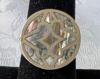 Vintage Mexico 925 Sterling Silver Signet Ring Inlaid Abalone SZ 7.5