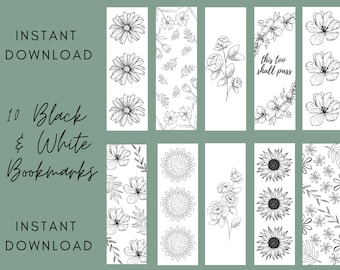 Set of 10 Floral Digital Black & White Bookmarks, Printable Bookmarks, Colorable Bookmarks, Instant Download