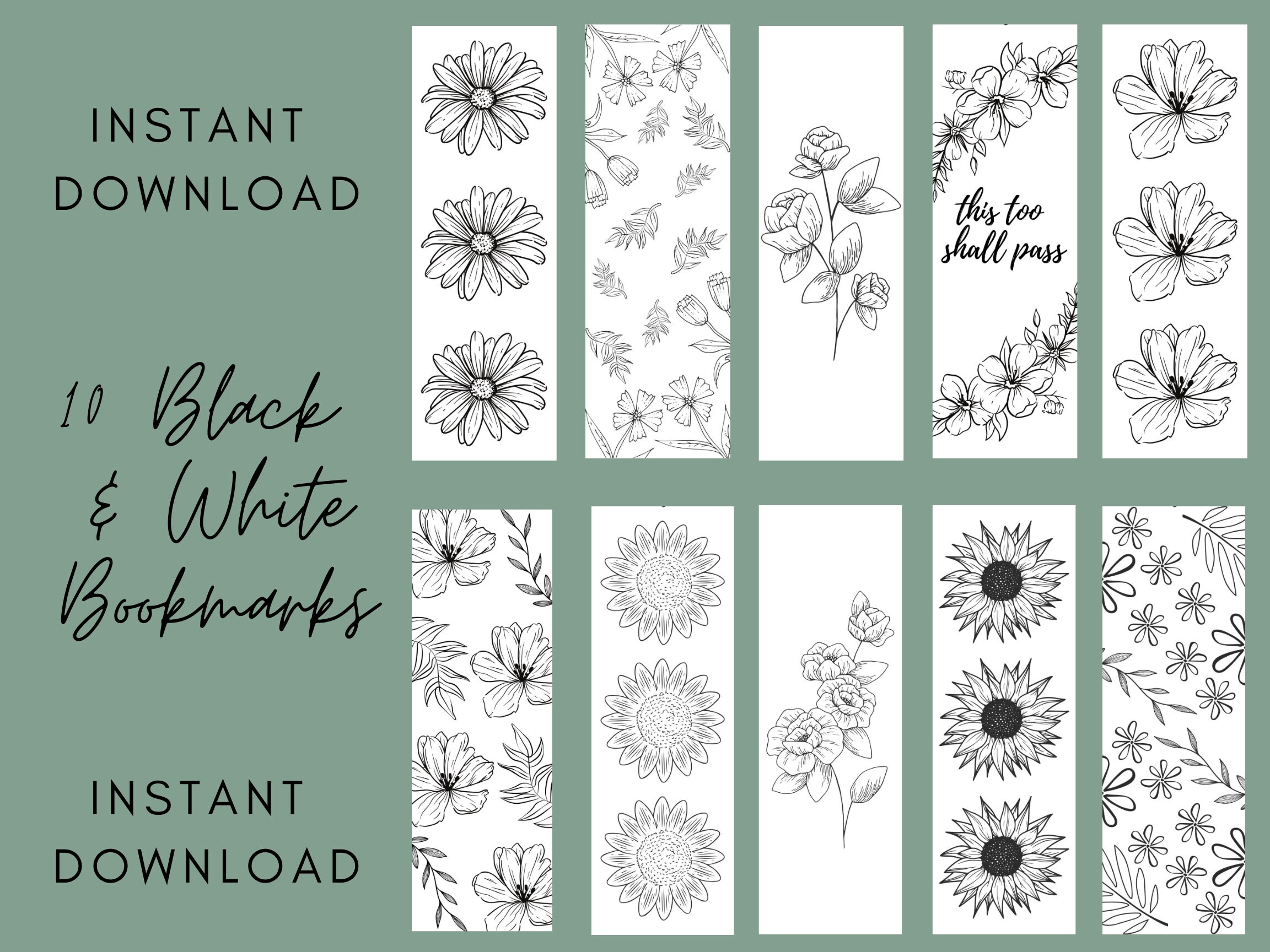 Set of 10 Floral Digital Black & White Bookmarks, Printable Bookmarks