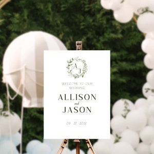 Monogram Green Wreath Wedding Sign Template, Canva Editable, DIY ...
