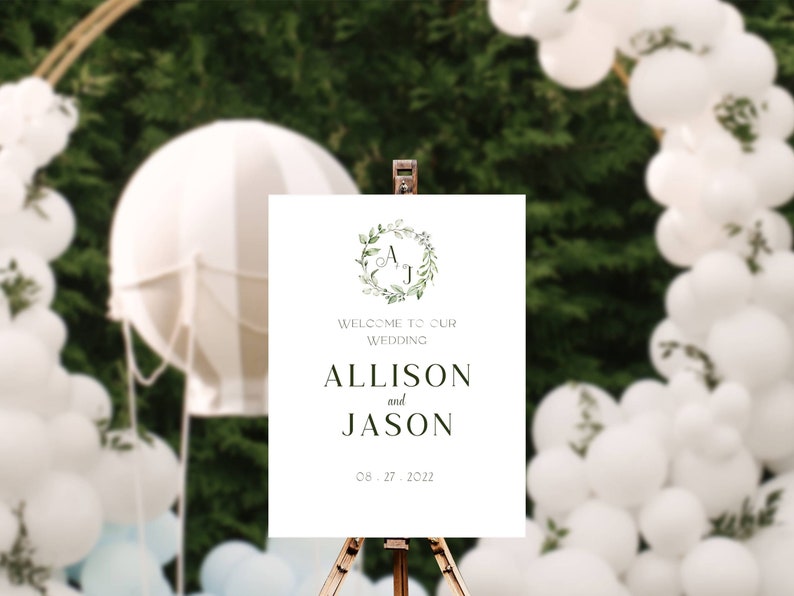 Monogram Green Wreath Wedding Sign Template, Canva Editable, DIY ...