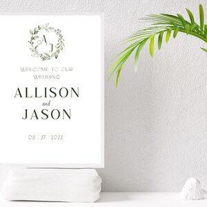 Monogram Green Wreath Wedding Sign Template, Canva Editable, DIY ...