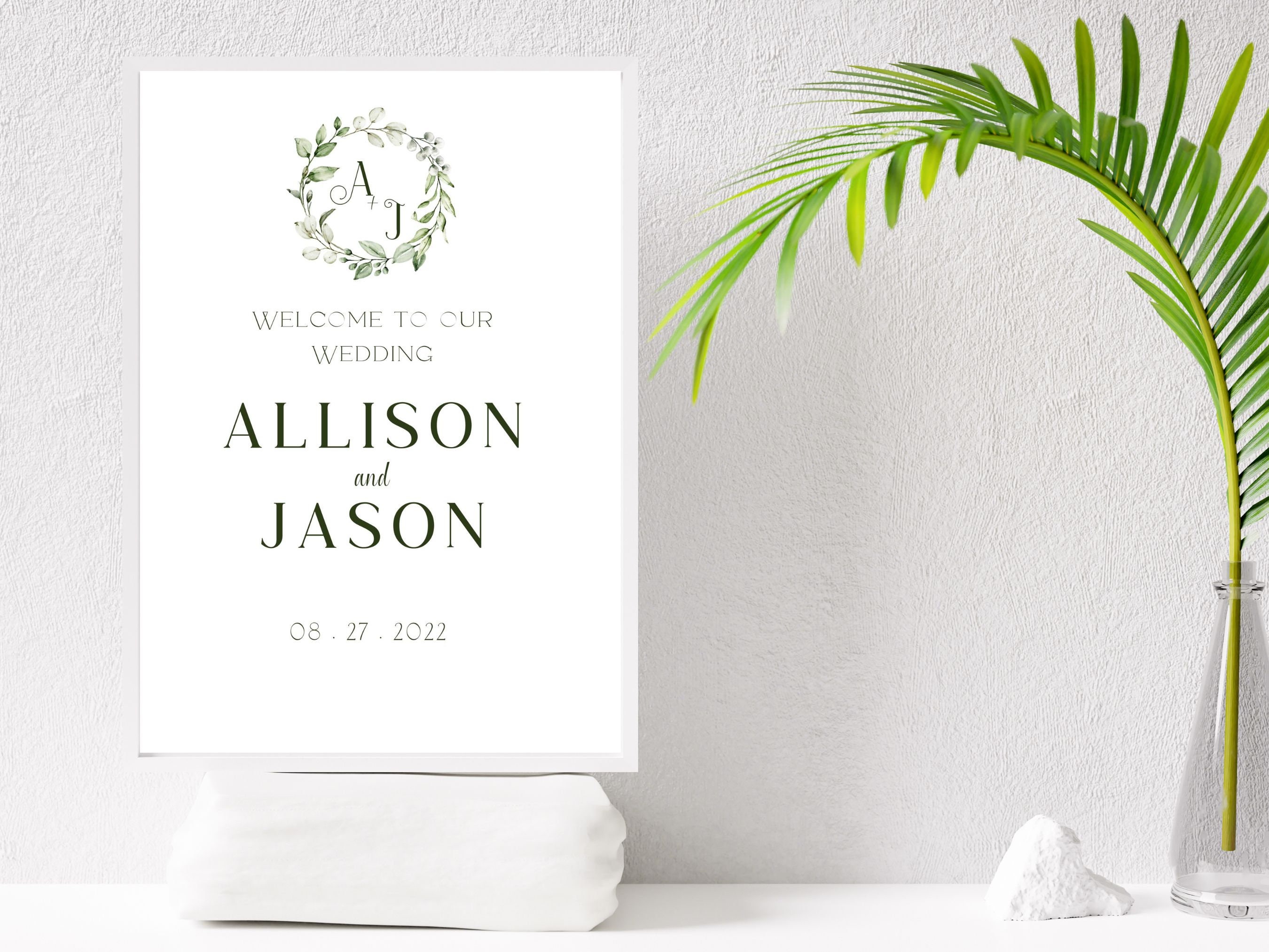 Monogram Green Wreath Wedding Sign Template, Canva Editable, DIY ...