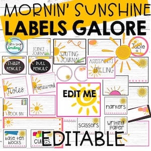 Sunshine Classroom Decor Labels Galore Including Supplies Notebooks and More EDITABLE