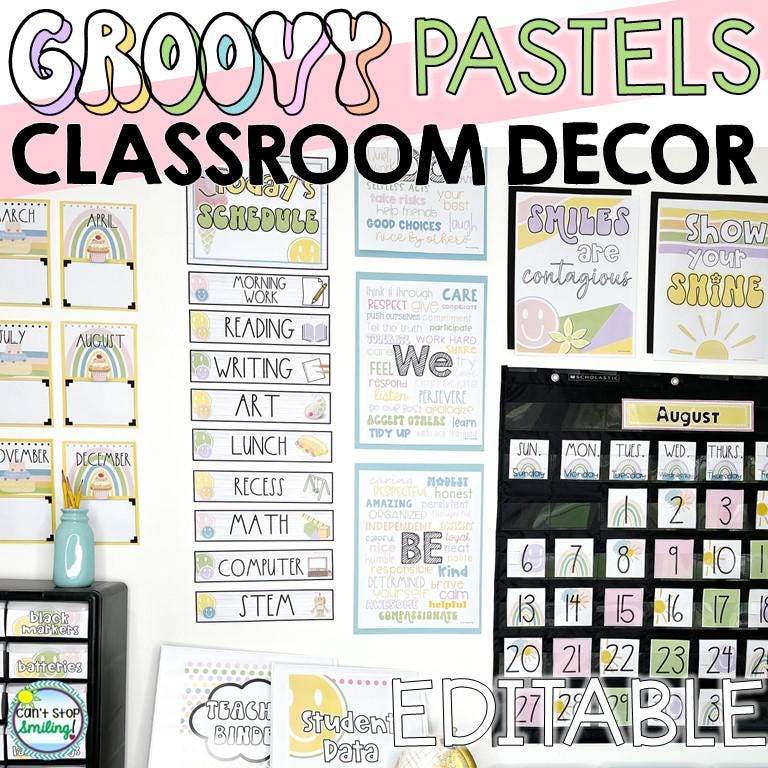 Groovy CALMING Pastels Classroom Decor Editable Bundle