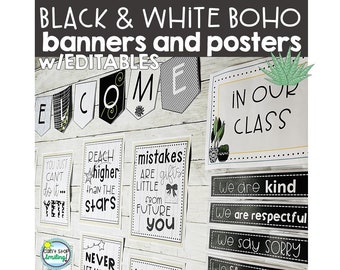 BOHO BLACK and WHITE Decor Classroom Posters Welcome Banners and Signs