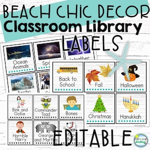 Editable Classroom Library Labels in Beach Theme
