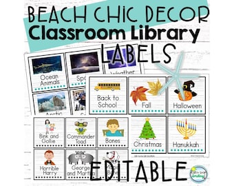 Editable Classroom Library Labels in Beach Theme