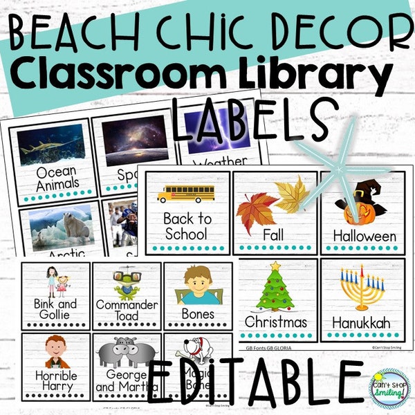 Editable Classroom Library Labels in Beach Theme