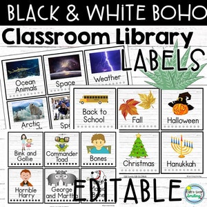 Etichette della libreria di classe modificabili Boho in bianco e nero