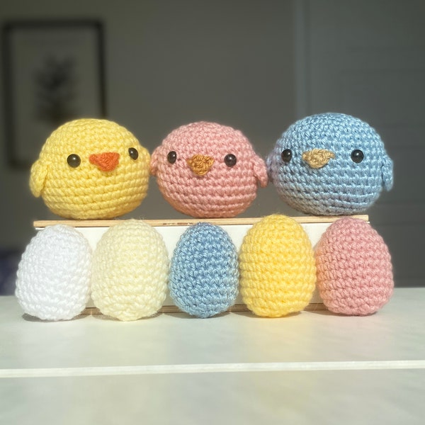 Crochet Easter Egg and Chick/Duck Plushie Set for Easter, Cute Crochet Animal and Egg Sensory Toy, Easter Decor, Baby Chick Amigurumi