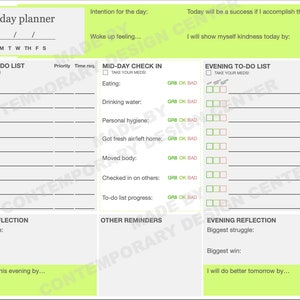 May include: A white and green daily planner with sections for morning, mid-day, and evening tasks. The planner includes space for to-do lists, reflections, and reminders. The text "my day planner" is at the top.