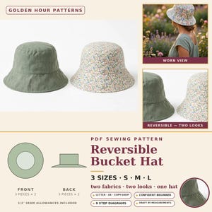 May include: A PDF sewing pattern for a reversible bucket hat titled Golden Hour Patterns. The design features a solid sage green side and a floral print side, with diagrams for three sizes, S, M, and L, and 9 step diagrams included.