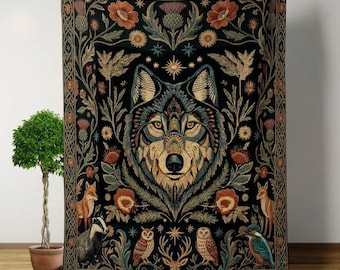 wolf vintage art doco Design Blanket - Boho Artisan Throw with Navajo Inspired Print - Housewarming Gift - Soft & Versatile Blanket